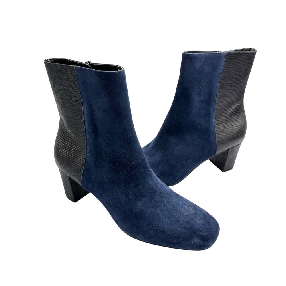 Donald J Pliner Jia Navy Suede Leather Textured Crocodile Square Toe Ankle Boots